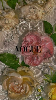 an image of flowers with the word voge on it in front of them and water droplets