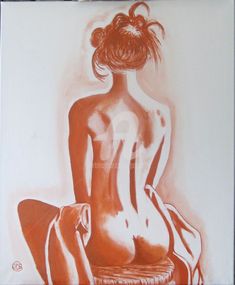 a drawing of a naked woman sitting on a chair with her hair in a bun