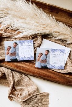 two photos of a couple on a wooden shelf next to a fur rug and scarf