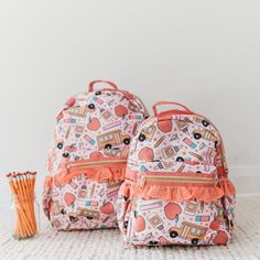 Toddler Size: 13" H x 10" W x 5" D Standard Size: 16" H x 12.5" W x 6.5" D Standard size backpack easily holds folders or 3-ring binders for school Toddler Size backpack holds standard size folder Handle on top for easy carrying One zippered exterior front pocket Two exterior side pockets sized to fit water bottles Adjustable padded shoulder straps Inside pocket that closes with velcro Both Toddler & Standard Backpack fit matching lunchbox EMBROIDERY INFORMATION: SUGGESTED EMBROIDERY COLORS: Bla Binders For School, Boss Aesthetic, Patriotic Accessories, Girls Halloween Outfits, Girls Back, Kindergarten Backpack, School Binder, Adorable Clothes, Back To School Clothes