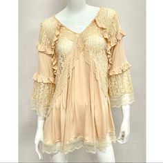 Absolutely Gorgeous New Pol Beige Or Dark Cream Layered, Ruffled, Lace Flounce V-Neck Tunic Top Or Dress W/A Zip Back, 3/4 Length Bracelet Sleeves, Beautifully Detailed W/Lace Trim On Ends Of Sleeves & Along Hemline. This Is So Beautiful & Can Be Worn W/Leggings, Jeans Or As A Mini Dress. Dressy W/A Vintage Boho Flair. - Available In Sizes Sm, Med, Lrg - Brand New W/Tag! - All Kinds Of Nwt Items Listed Including Some Beautiful Jewelry That Is All On Sale Plus Other Great Items! Add Your Favs To Summer V-neck Blouse With Lace Sleeves, V-neck Blouse With Ruffle Hem For Vacation, Beige V-neck Mini Dress With Ruffles, V-neck Blouse With Lace Trim For Brunch, Feminine Cream Mini Dress With Lace Trim, Cream Mini Dress With Lace Patchwork, Cream Bohemian Mini Dress With Ruffles, Bohemian Cream Mini Dress With Ruffles, V-neck Blouse With Lace Sleeves For Summer