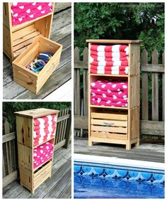 three pictures of an outdoor storage unit next to a pool with towels and rings in it