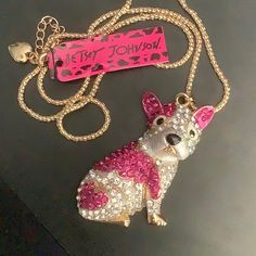 Hot Pink, Silver And Gold Colors Rhinestone Enamel Betsey Johnson Necklace. Pink Heart Rhinestone On Body A Must For Frenchie Lovers! Pink Jeweled Rhinestone Necklace For Party, Pink Rhinestone Bling Necklace For Gift, Pink Rhinestone Bling Necklace Gift, Pink Rhinestone Necklace With Bling For Gift, Pink Bling Necklace For Gift, Pink Metal Jewelry With Bling, Pink Bling Metal Jewelry, Pink Crystal Rhinestone Necklace, Pink Rhinestone Necklace For Valentine's Day