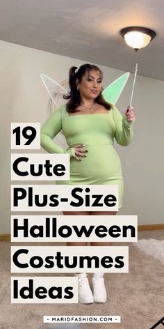 a pregnant woman in a green dress and white shoes with the words 19 cute plus - size halloween costumes ideas