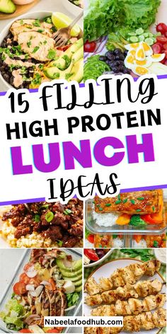 a collage of high protein lunch ideas with text overlay that reads 15 flying high protein lunch ideas