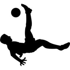 a man diving for a soccer ball with his feet in the air, silhouetted against a white background