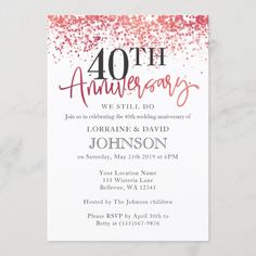 an anniversary party card with pink and red confetti