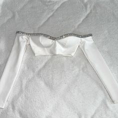 Never Worn. Zipper On Back. Very Beautiful Diamente White Crop Top Long Sleeve Party Top With Zipper Closure And Long Sleeves, Party Tops With Zipper Closure And Long Sleeves, White Long Sleeve Crop Top For Party, Fitted White Crop Top For Streetwear, White Crop Top Long Sleeve, White Fitted Edgy Crop Top, White Long Sleeve Crop Top, Crop Top Long Sleeve, Crop Top Long