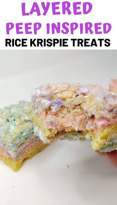 two pieces of rice krispie treats with the words layered peep inspired rice krispie treats