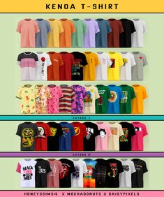 an image of t - shirts displayed on shelves in different colors and sizes, with the words kenoa tshirt below them