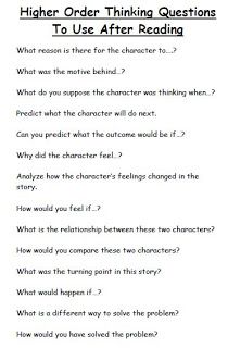 a question sheet with the words higher order thinking questions to use after reading