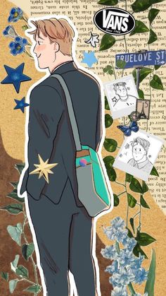 a drawing of a man in a suit with flowers on the ground and stars around him