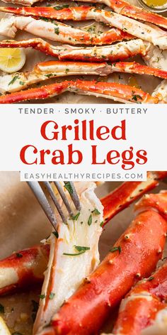 grilled crab legs with lemon wedges and parsley on the side