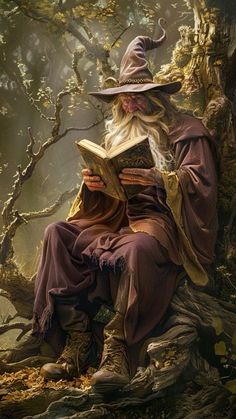 an image of a wizard reading a book in the woods