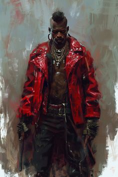 a painting of a man wearing a red leather jacket