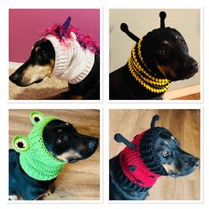 four pictures of dogs wearing knitted hats and scarves, one in green, the other in pink