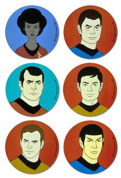 four star trek spock stickers with the faces of three men in different colors