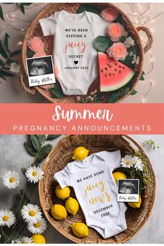 baby announcement with watermelon, lemons and other items in a basket next to flowers