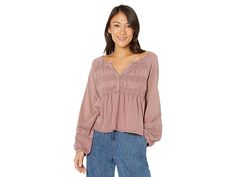 Lucky Brand Textured Babydoll Top - Women's Clothing : Twilight Mauve : Get an elegant style with a super-soft and comfy Lucky Brand Textured Babydoll Top, defined by flared silhouette. V-neckline with three-buttoned closure. Long raglan blouson sleeves. Smoked detailing on the front. Straight raw hemline. 100% cotton. Machine wash, tumble dry. Imported. Measurements: Length: 23 in Product measurements were taken using size XS (US 0-2). Please note that measurements may vary by size. Babydoll Top, Top Sales, Top Trends, Elegant Style, Lucky Brand, Baby Dolls, Top Styles, Open Shoulder Tops, Women's Clothing