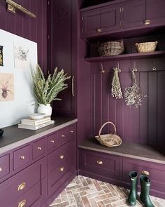 a purple room with wooden cabinets and plants