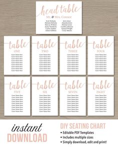 the printable seating chart is shown in pink and white with gold foil on it