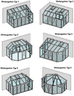 four different types of greenhouses with windows on each side and doors open to the other side