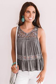 Gray Lace Embroidery Ruffled Sleeveless Top Sleeveless Tank Top With Lace Patchwork, Chic Lace Patchwork Tank Top, Chic Lace Patchwork Sleeveless Tank Top, Chic Sleeveless Lace Patchwork Tank Top, Casual Lace Patchwork Sleeveless Tank Top, Sleeveless Summer Vest With Lace Trim, Sleeveless Lace Trim Summer Vest, Bohemian Sleeveless Tops With Lace Patchwork, Sleeveless Lace Trim Vest For Spring