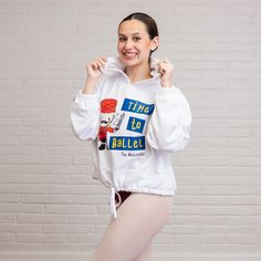 TIME TO BALLET Cropped Oversize Hooded Sweatshirt - Fudge Dance Apparelhoodies White Hooded Top For Gym, White Hooded Gym Top, White Cotton Workout Hoodie, White Athleisure Hoodie For Workout, White Athleisure Activewear With Drawstring Hood, Oversized Hooded Gym Top, Oversized Hooded Tops For Gym, White Drawstring Hood Activewear For Workout, White Drawstring Hooded Activewear For Workout