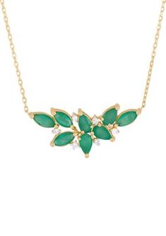 Indulge in the beauty of this leaf-shaped necklace, adorned with eight vibrant emeralds and six sparkling diamonds, set in lustrous 10K yellow gold. The pendant hangs gracefully from a delicate chain, adding a touch of elegance to any outfit. | Belk & Co Emerald and 1/20 ct. t.w. Diamond Necklace in 10K Yellow Gold, 17 in Delicate Chain, Fine Jewellery Necklace, Sparkle Diamonds, Jewelry Necklace Pendant, Diamond Necklace, Emerald, Fine Jewelry, Diamonds, Yellow Gold