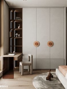 a modern bedroom with white walls and wooden flooring is pictured in this image, there are two round lights on the wall above the bed