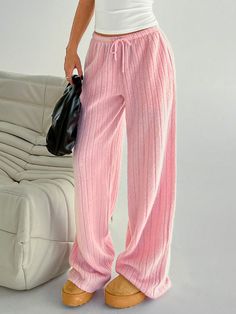 Plus Size Plain Color Front Tie Simple Casual Sweatpants For Everyday Wear, Autumn/Winter Pink Casual   Knitted Fabric Plain,Striped Wide Leg Slight Stretch  Women Plus Clothing, size features are:Bust: ,Length: ,Sleeve Length: Comfy Pants Aesthetic, Light Pink Pants, Pink Sweatpants, Casual Sweatpants, Pink Pants, Cosplay Dress, Costumes For Women, Plus Clothing, Jogging