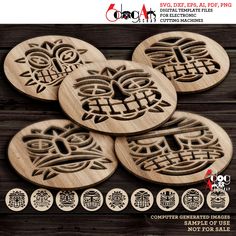 four wooden coasters with carved designs on them, all in different shapes and sizes