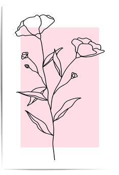 a black and white drawing of flowers on a pink background