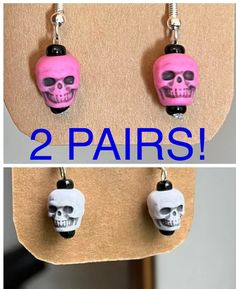 Skull Dangle Earrings  You get 2 pairs for the price of 1! Your choice of color for each pair  Very lightweight  Stainless Steel Earring Posts  Skull Earrings 2 Pairs, 2 Sets Skull Earrings, Halloween Earrings, Red Black White Skulls, Pink yellow blue purple, Skeleton Skull Earrings Pink Punk Halloween Jewelry, Pink Skull Jewelry For Halloween, Purple Skeleton, Skeleton Skull, Earrings Halloween, Bleu Violet, Skull Earrings, Earrings Red, Earring Posts