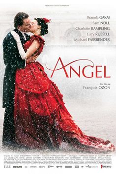 an advertisement for the movie angel with a man and woman in red dress hugging each other