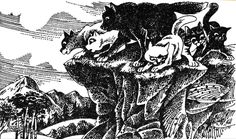 an old black and white drawing of cats on top of a hill