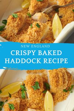 crispy baked haddock recipe with lemon wedges and parsley on the side