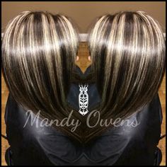 Chunky Highlights and lowlights by Mandy Owens Blonde Highlights Chunky, Inverted Bob With Highlights, Bob With Highlights And Lowlights, Hair Highlights Caramel, Espresso Highlights, Chunky Highlights And Lowlights