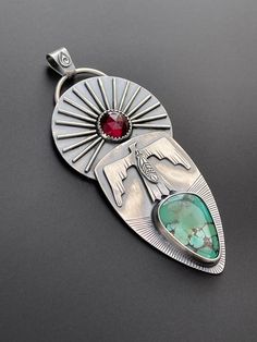 Thunderbird pendant with turquoise and garnet by WildKindredDesigns on Etsy Sheet Metal Projects, Backyard Drainage, Contemporary Handmade Jewelry, Metalwork Jewelry, Metal Smithing, Southwest Jewelry, Native American Turquoise, American Turquoise