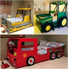 there are three pictures of children's beds made to look like trucks