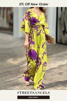 Fashion Print Doll Sleeve V Neck Tunic Loose Casual Wide Leg Jumpsuit Belle Silhouette, Maxi Jumpsuit, Loose Jumpsuit, Casual Wide Leg Pants, Jumpsuit Outfit, Jumpsuit Summer, Bat Sleeve, Romper Pants, Wide Leg Jumpsuit