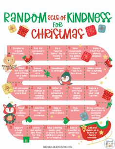 a christmas list with the words random acts of kindness for christmas written in red and green