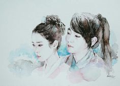 two young women are facing each other in watercolor