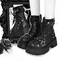 Step into a world of whimsical charm with these platform ankle boots, perfect for those who adore a blend of edgy and cute styles. Featuring a lace-up design, these boots are adorned with an enchanting adjustable strap at the ankle, complete with star-shaped buckles and playful bat wing embellishments. The side zipper ensures easy wearability, while the studded accents add a touch of rebellious flair.Ideal for anyone looking to make a bold fashion statement while embracing their inner kawaii spi Star Platform Boots, Brianne Tju, Kitty Cheshire, Goth Platforms, Gothic Boots, Pretty Shoes Sneakers, Cute Styles, Clothing Design Sketches, Bat Wing