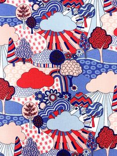 an abstract pattern with trees and clouds in red, white, blue and pink colors