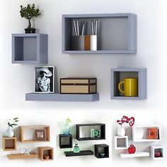 some shelves with pictures and vases on top of each shelf in front of a white wall