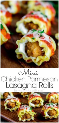 mini chicken parmesan lasagna rolls on a wooden cutting board with text overlay