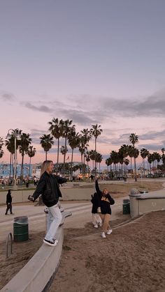 two people are flying a kite on the beach at sunset with palm trees in the background