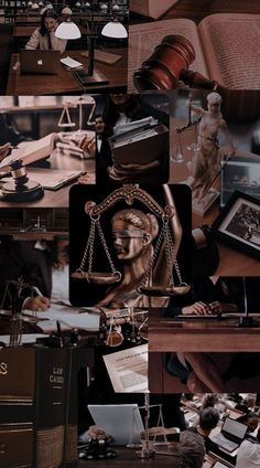 a collage of photos with law books, scales and other items in them on a table