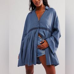 Free People Size Small Nwt Mini Dress Blue Shirt Dress For Spring Beach Outing, Casual Long Sleeve Mini Dress For Beach, Blue V-neck Shirt Dress For Brunch, Chic Spring Shirt Dress For Beach Cover-up, Chic Shirt Dress For Spring, Beach Cover-up, Chic Shirt Dress For Spring Beach Cover-up, Long Sleeve Rayon Mini Dress For Day Out, Bohemian Blue Shirt Dress For Summer, Blue Long Sleeve Shirt Dress For Brunch